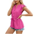 thumbnail image 2 of WREESH Women's Stripe V-Neck Cap Sleeve Tunic Dressy Casual Summer Eyelet Top Hot Pink, 2 of 5
