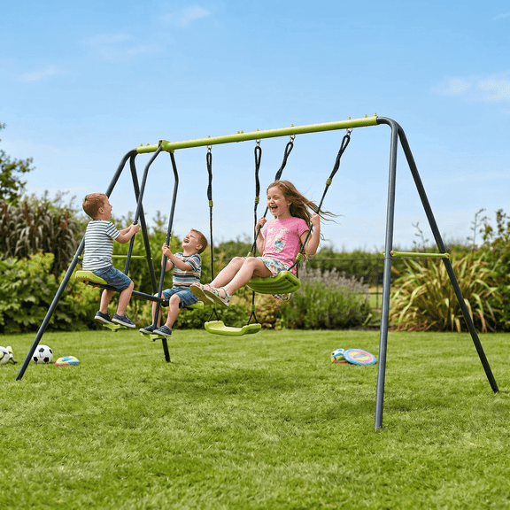 4-Seat Kids Metal Swing Set, Weather Resistant Outdoor Playset with Face-to-Face Glider & Swing Seats, Easy Assembly Heavy Duty Backyard Play Equipment for Children Ages 3