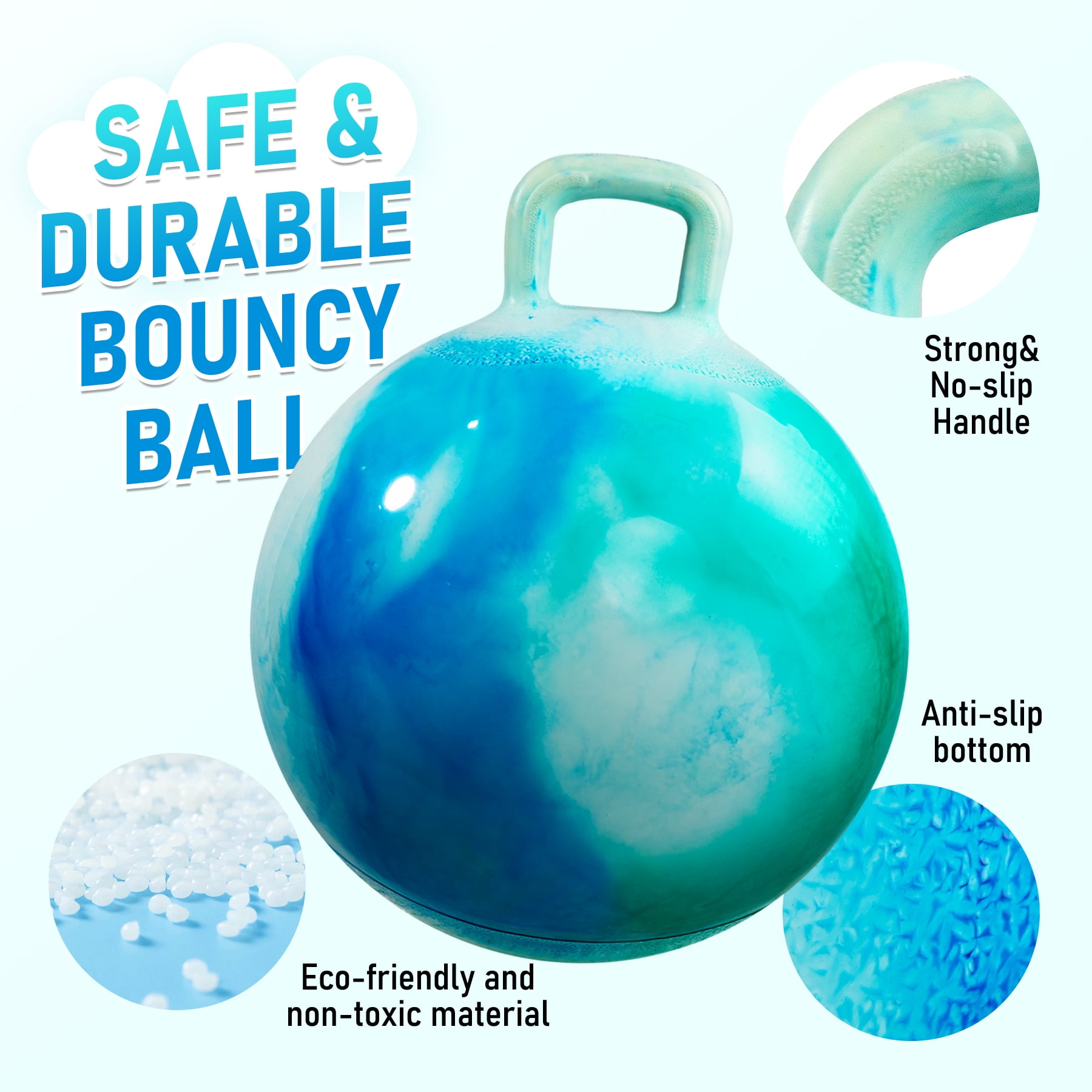 PLAYZAP Hopper Ball, Bouncy Ball with Handle for Kids, 18-inch Hippity Hoppity Hop Bounce Ball Toys, Sit and Bouncing Ball with Pump, Boys Girls Jumping Hopping Ball Gifts -Blue Cloud