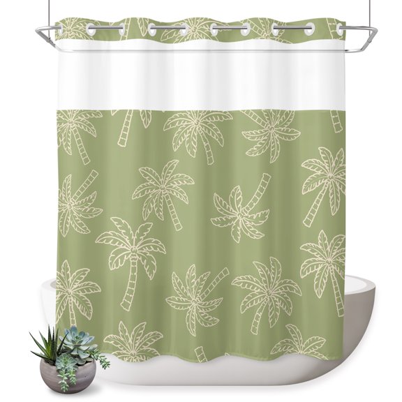 No Hook Shower Curtain, Sage Green Palm Shower Curtains for Bathroom with See Through Top Window, Summer Tropical Coconut Trees Waterproof & Washable Bath Curtain Long 72"x78"