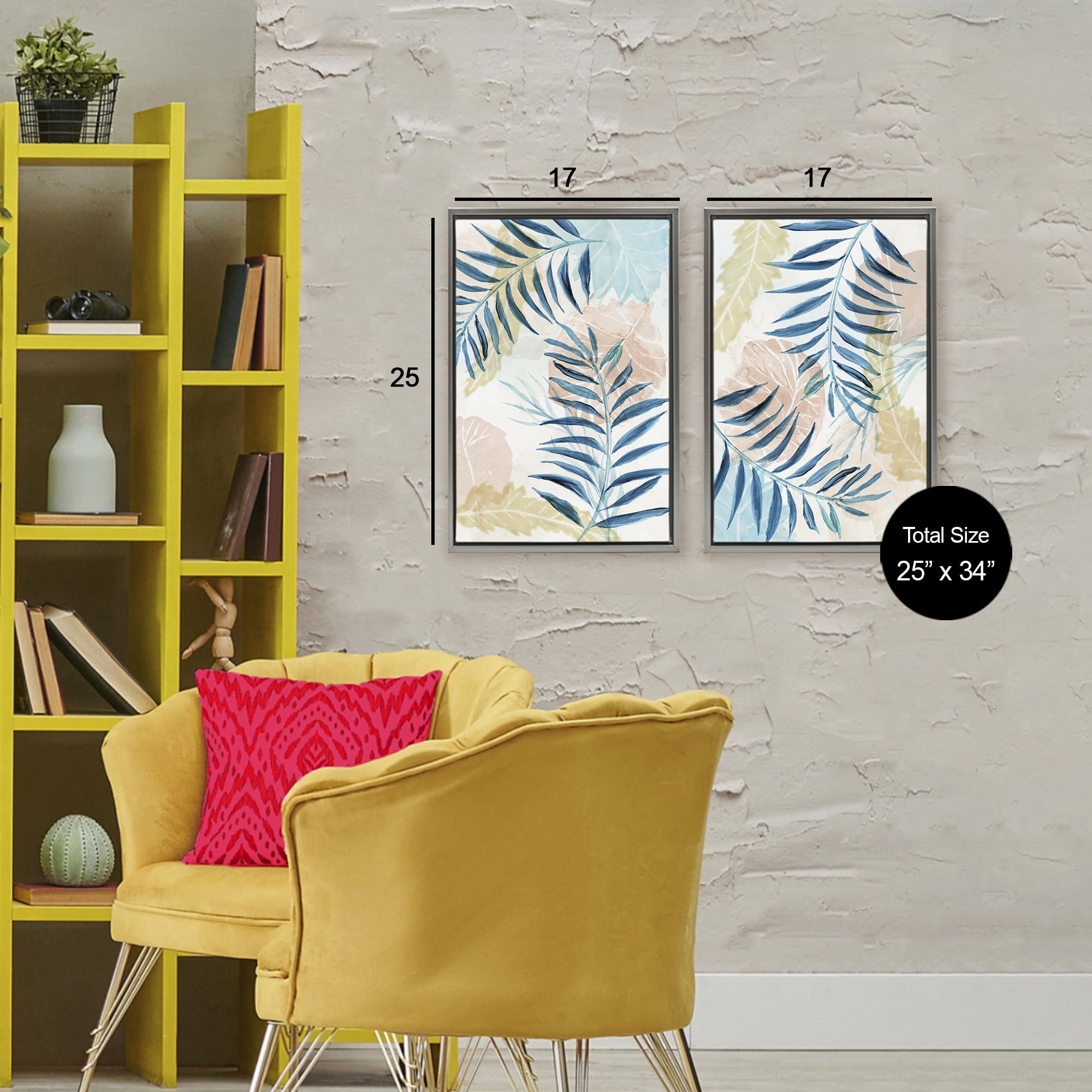 Stupell Industries Pastel & Blue Palm Fronds 2 Piece Gray Framed Floater Canvas Set, design by Nan