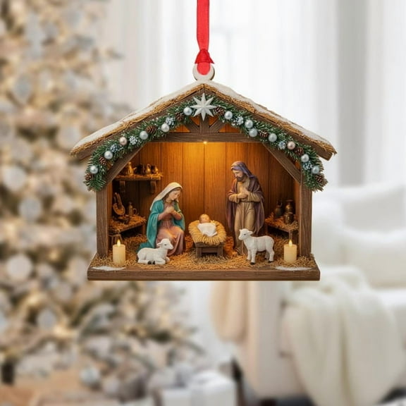 ViciArt Nativity Scene Ornament – Wooden Manger with Holy Family, Lambs, Lighted Christmas Decor, Acrylic & Fiber Wood