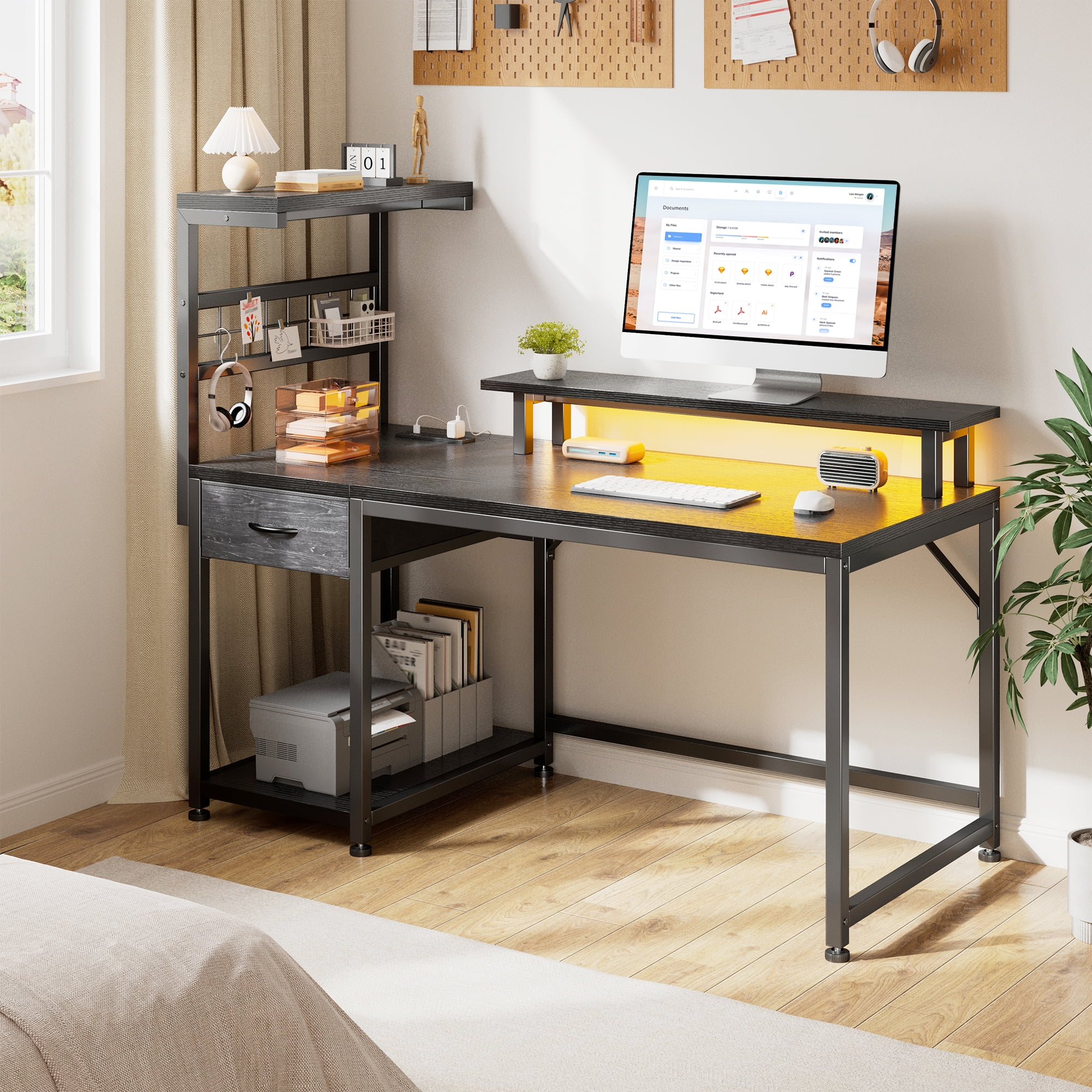 EnHomee 39.4“ WDesk with Power Outlets & Hutch Homing Desk for Small Space Computer Desk with Storage Shelves，Black