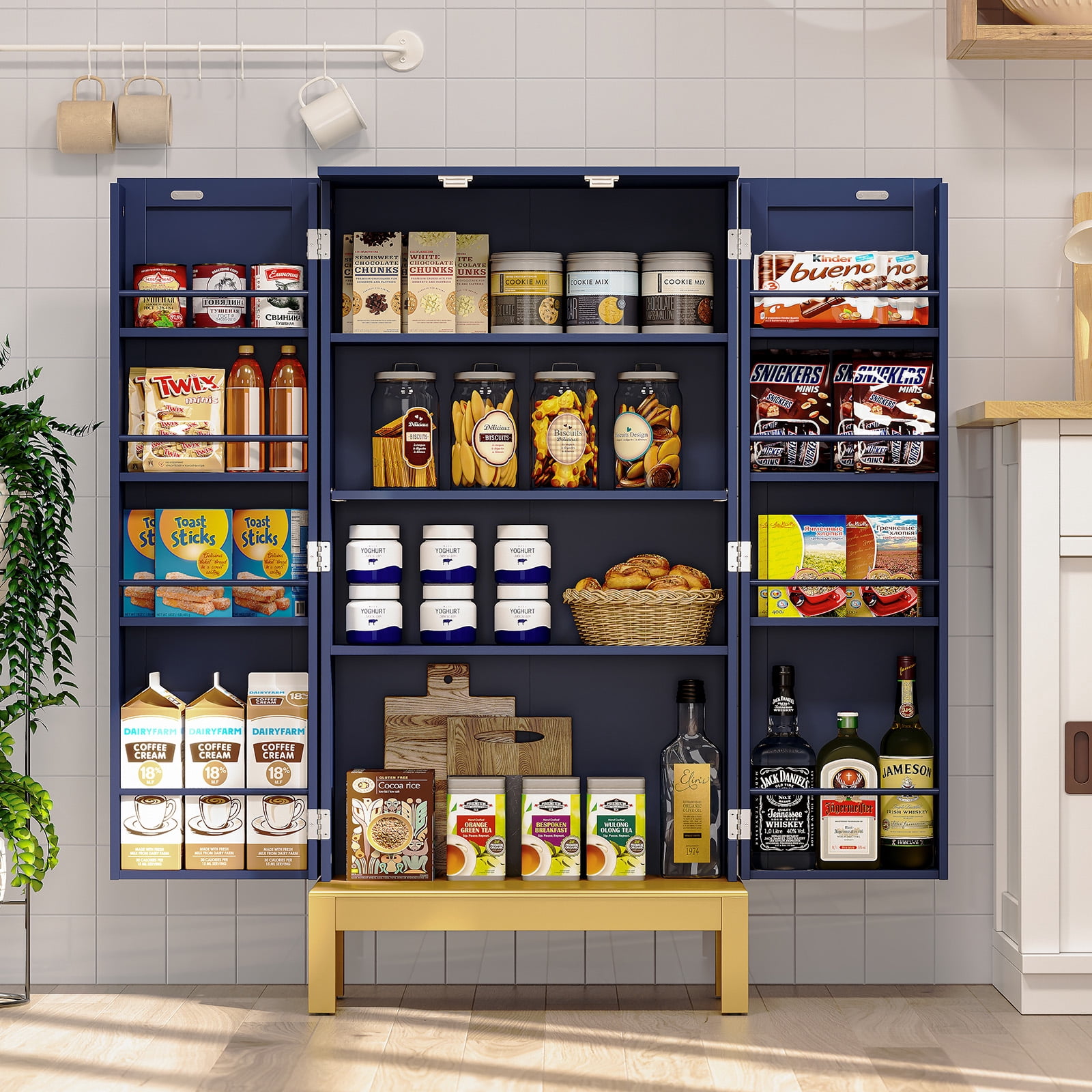 HLR 45" Kitchen Pantry Cabinet with Doors and Adjustable Shelves, Food Storage for Dining Room, Navy Blue