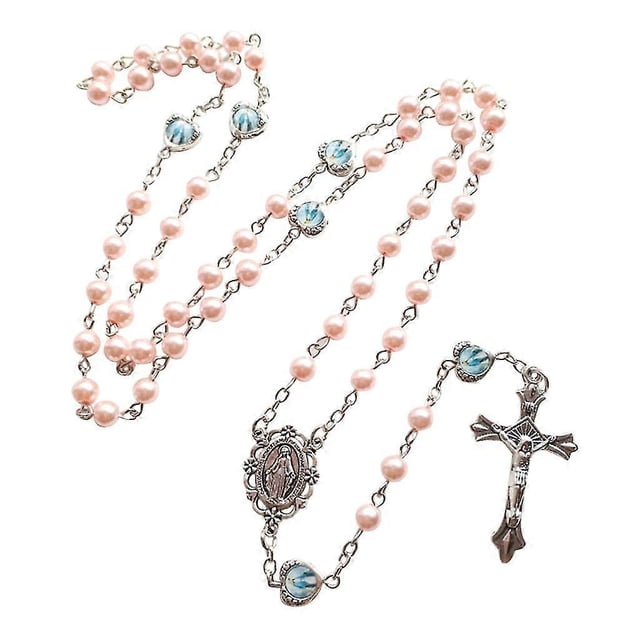 Collar de cadena larga con cuentas de rosario y crucifijo shaofei para mujer y niña color rosa