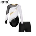 thumbnail image 2 of Jersey de gimnasia para niñas con traje corto de baile de Ballet leotardo de manga larga con diamantes de imitación brillantes y pantalones cortos con cintura delantera en V, 2 of 5