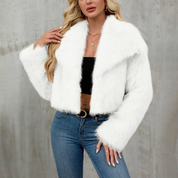 Women's Faux Fur Cropped Jacket, Notch Lapel Plush Short Coat, Long Sleeve Fleece Outerwear, Winter Warm Shaggy Top, Casual Fall Clothing with Pockets White S