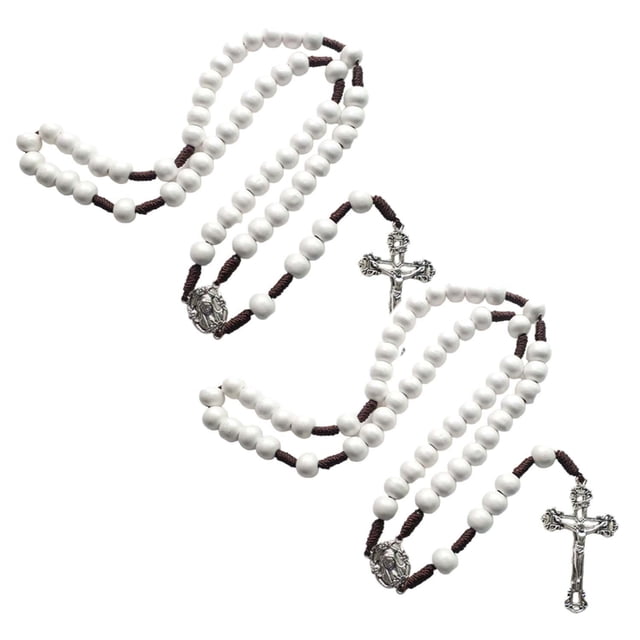 Hermosos Rosarios CatholicDivin04 2Pzas 30cm 5.3x3.1cm Cruz Cuentas 10mm Madera Blanco.