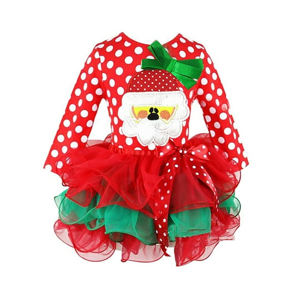 Lovebay Toddler Girl Christmas Party Dress Polka Dotted Bowknot Long Sleeve Tutu Tulle Dresses Santa Claus A 4-5 Years
