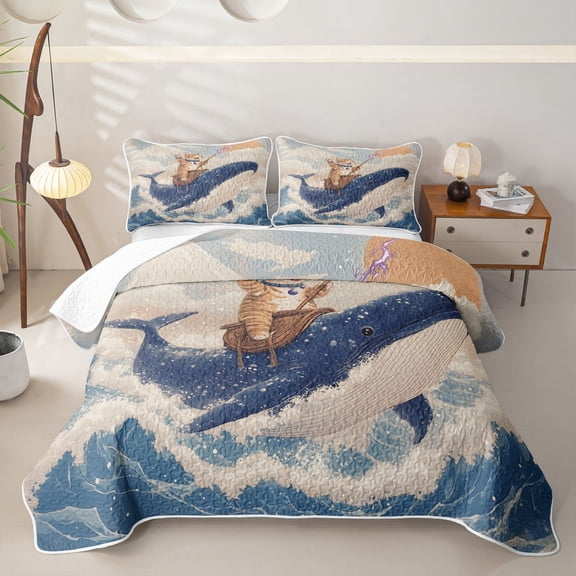 Castle Fairy Retro Cat Riding Whale Twin Quilt Set,Wave Mountain Kitten Art Twin Coverlet Set,Sky Cream