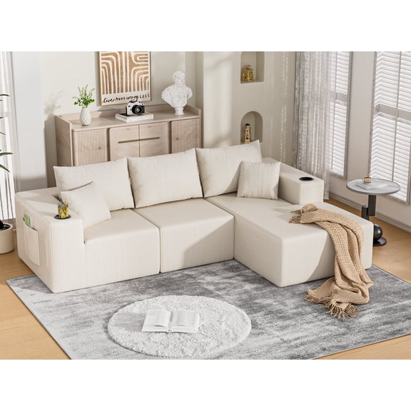 107" Modular L-Shaped Sectional Sofa, Corduroy Cloud Couch Compression Boneless Sofas w/ 5 Throw Pillows for Living Room , No Assembly Required(Right-Facing Chaise, White)