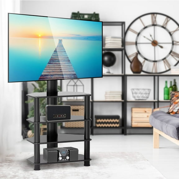 TAVR 55 inch Corner Floor TV Stand with Tempered Glass Shelf Mordern Black