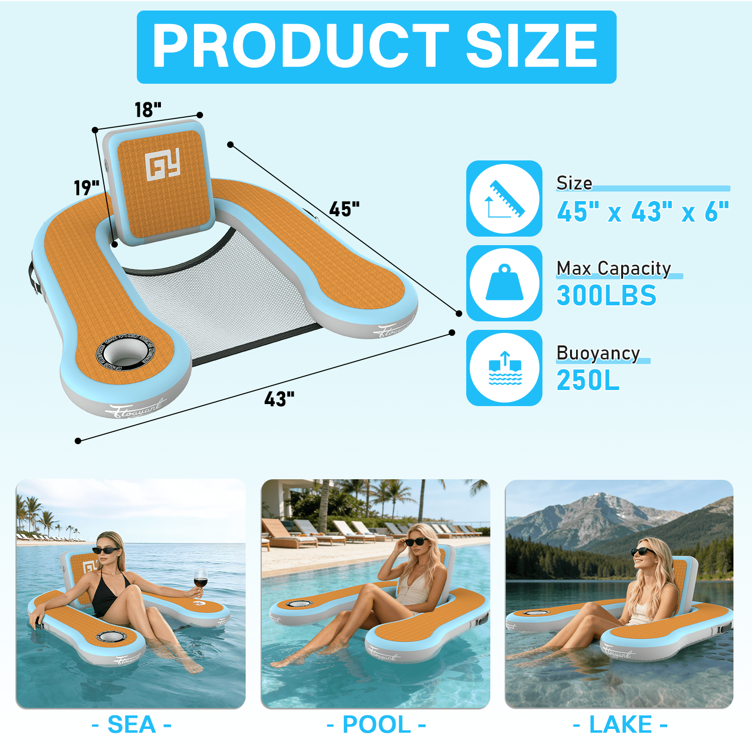 Inflatable Pool Float Chair, Floating Lounger with Cup Holder, 100°Fixed Backrest, Breathable & Sinking Mesh Seat,Adults Inflatable Pool Float for Swimming Pool,Beach