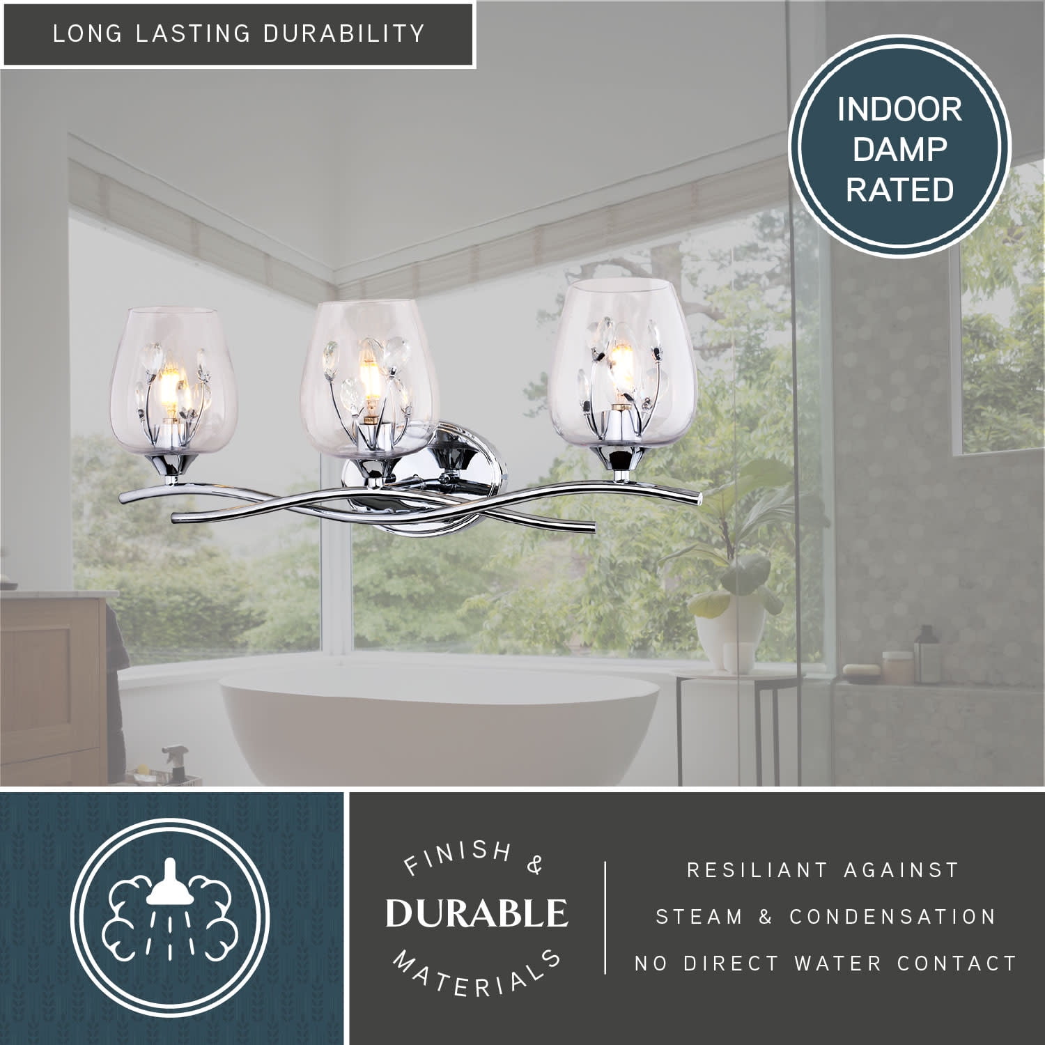 Wilmette 3-Light 24 in. Wide Chrome Modern Glam Bathroom Vanity Lighting Fixture, Clear Goblet Glass Shade with Crystal Accents, Dimmable, LED Compatible, Over the Mirror Mounted Metal Wall Sconce