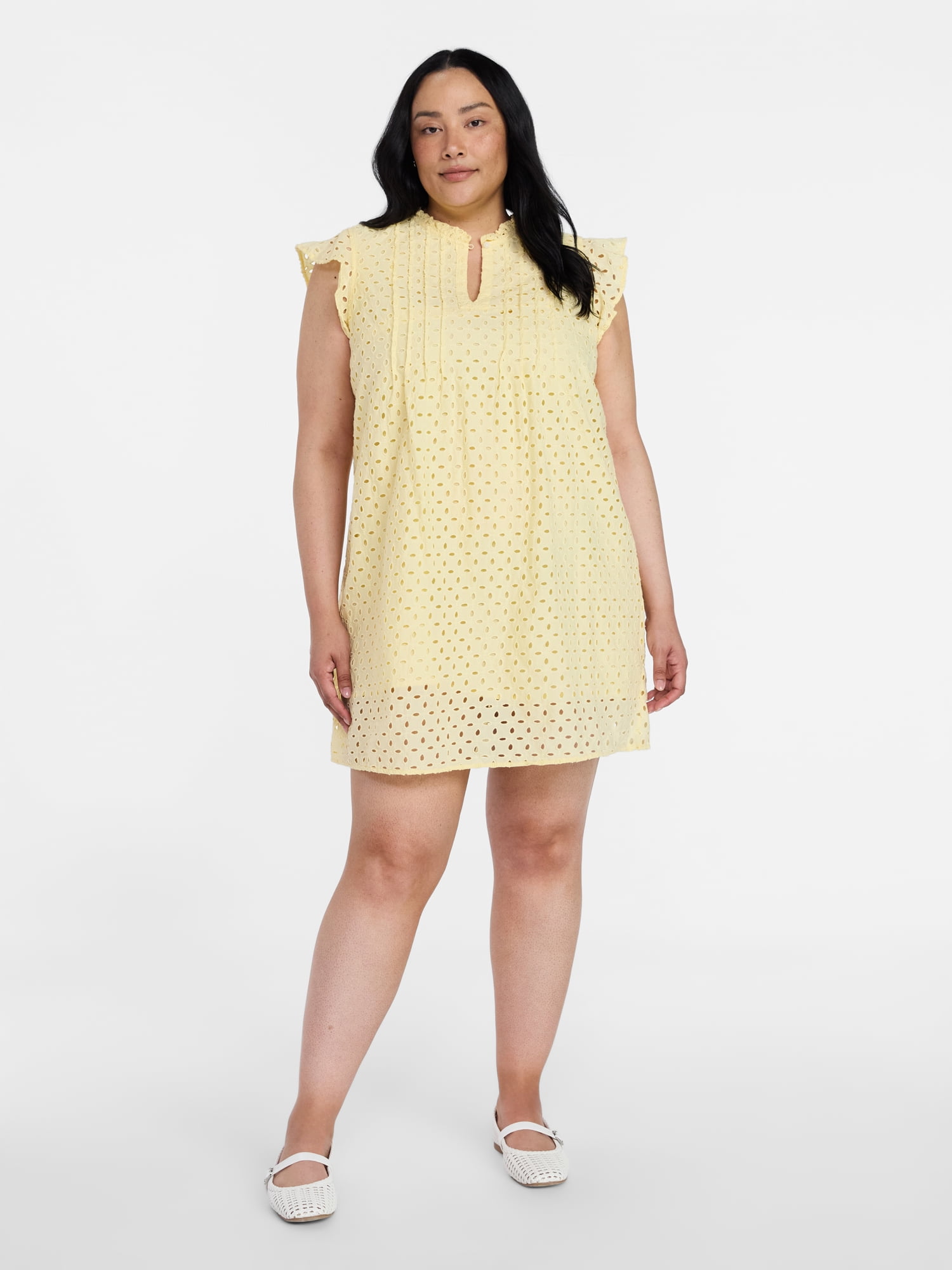 Time and Tru Women's Cotton Eyelet Mini Dress with Flutter Sleeves, Sizes XS-XXXL