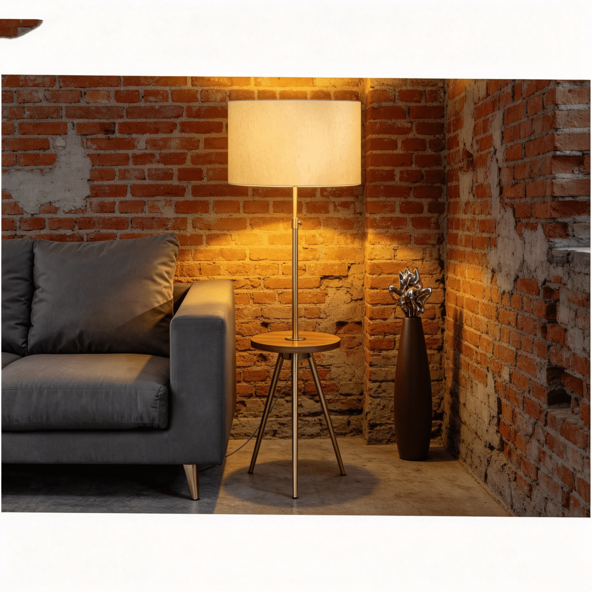 JERFIT Modern Tripod Floor Lamp with Side Table, Adjustable Reading Light for Living Room, Bedroom, Office, Gold Metal, Ivory Drum Shade
