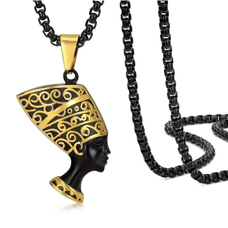 RapzGz Nefertiti Necklace - Black Gold Egyptian Queen Charms Pendant For Mom Women Jewelry, Goddess Pendant, African Hip hop Charm for Him & Her.