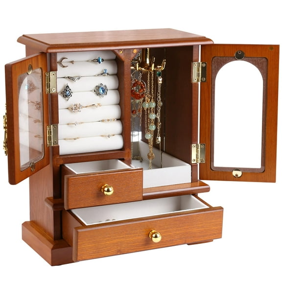 Kendal Wooden Jewelry Box for Women, Graduation Gift Solid Jewelry Holder Organizer, Mothers Day Gifts Wood Jewelry Case with Mirror for Necklaces, Earring, Rings (2 Side Door, Oak) WJC02AK