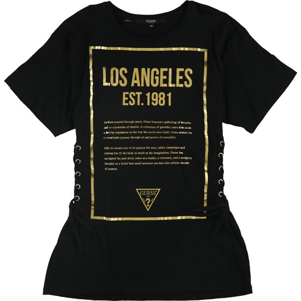 GUESS Camiseta gráfica con cordones para mujer, negra, grande Guess Camiseta gráfica