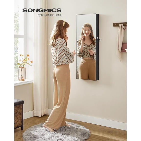 SONGMICS Joyero de Pared con Espejo Completo y 6 Luces LED 84 Anillos 32 Colgantes 48 Aretes 5 Estantes 2 Cajones