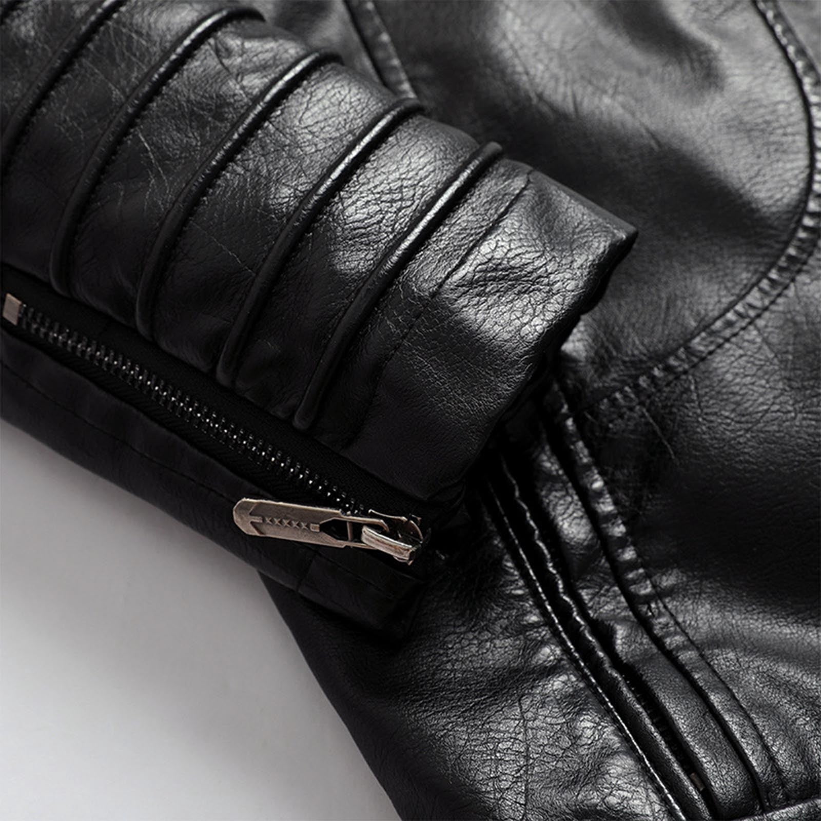 Maoxin Men Leather Jacket Men Leather Jacket Multiple Pockets Zipper Loose Coat Solid Color Long Sleeved Hooded Leatherwear Coat Leather Jackets for Men Black 3XL