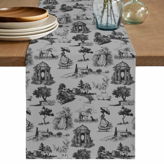 Farmhouse Country Table Runner, Vintage French Garden Horse Swan Washable Cotton Linen Table Runners 48 Inches Long, Dresser Scarf Runner for Nightstand/Coffee/End Tables 13''x48''