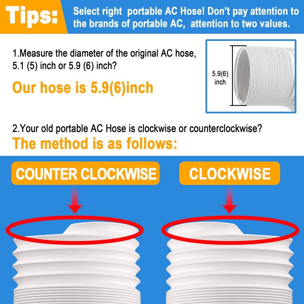 Jin&Bao Air Conditioner Vent Hose, Portable Exhaust Duct with 5.9’’ (6‘’) Diameter, Clockwise Rotation, Length up to 78 Inches, Universal Replacement AC Hoses