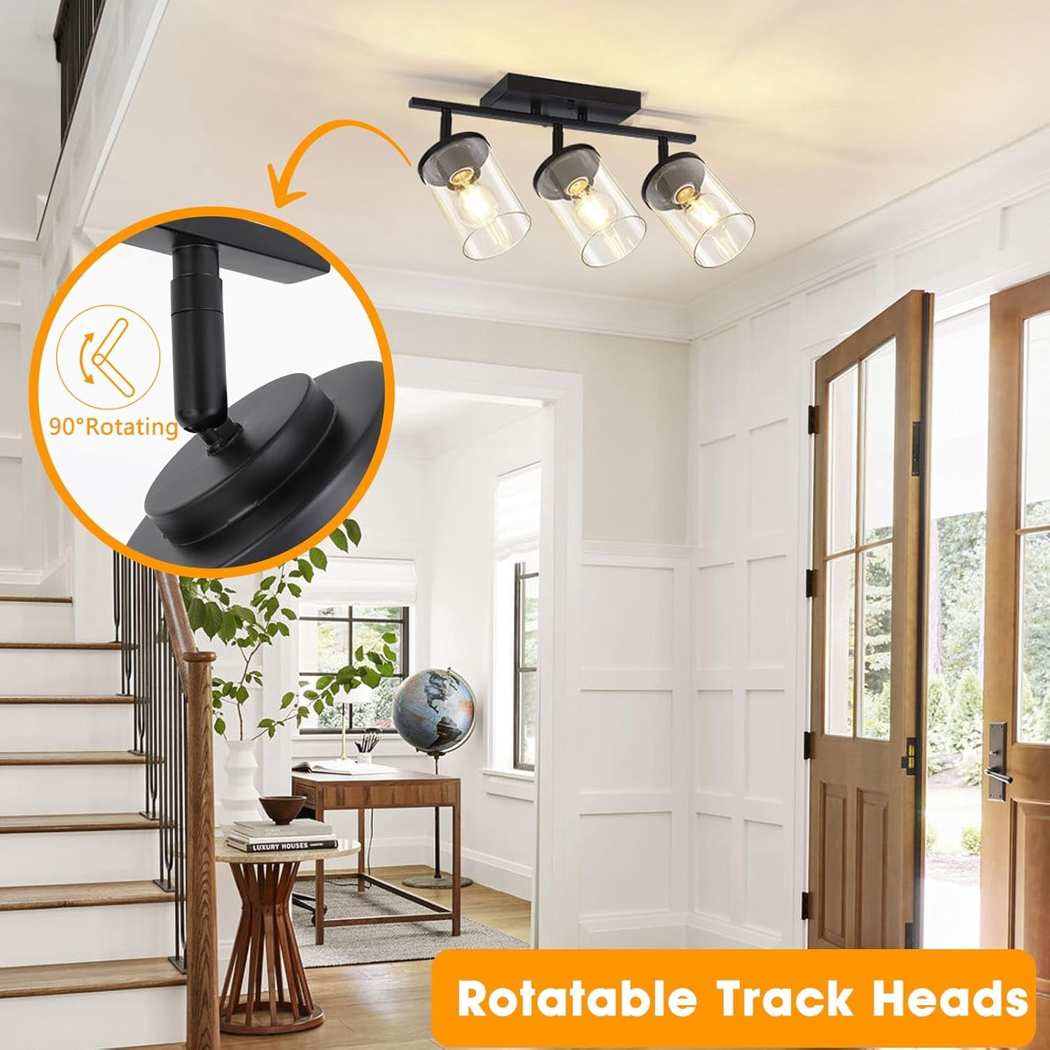 3-Light Track Lighting Kit Black Track Lighting Fixtures Bathroom Wall Sconces Ceiling Mount Kitchen Tracking Lights Rotatable Spotlight with Clear Glass Shade for Kitchen Shop Hallway