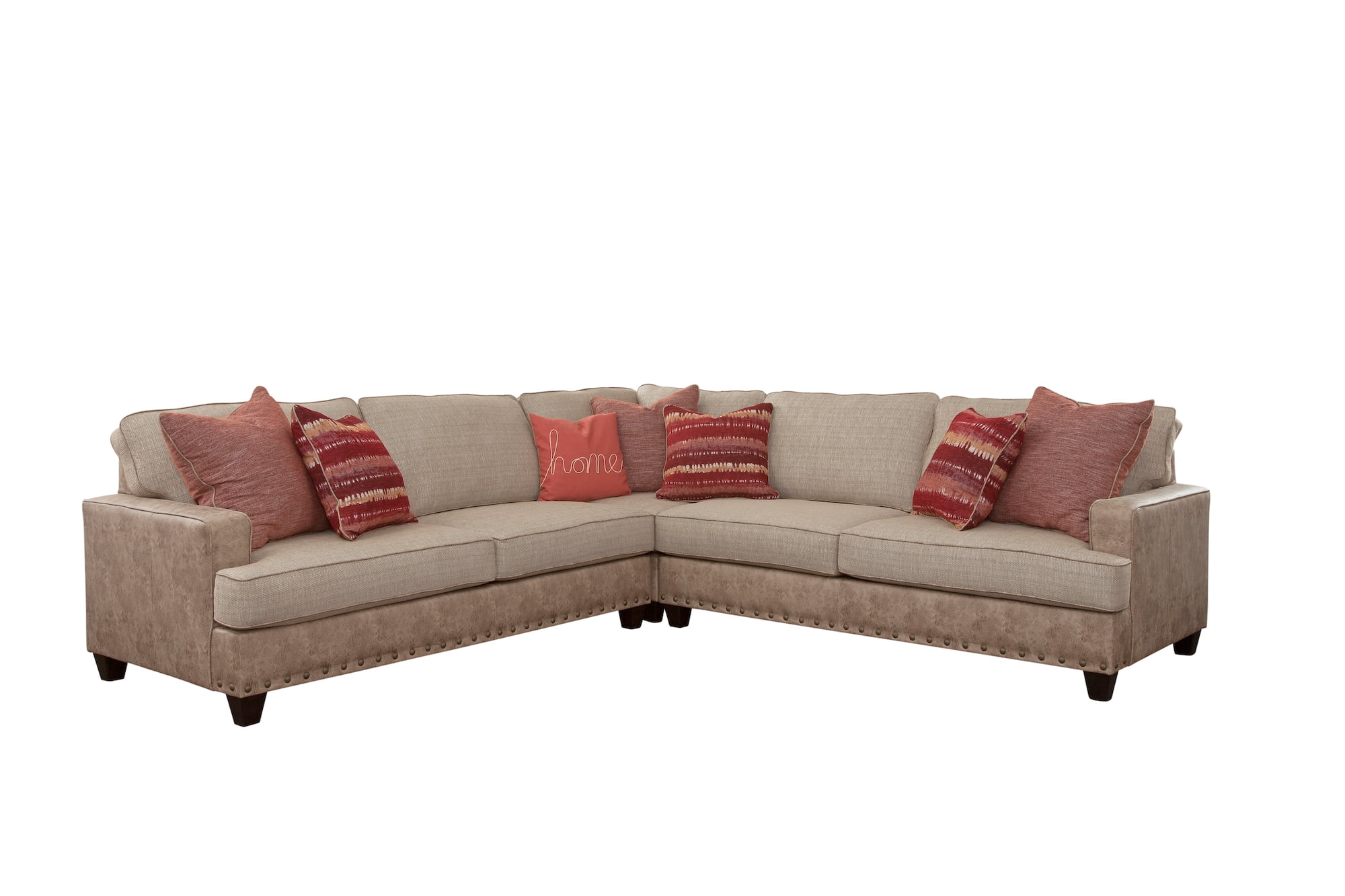 American Furniture Classics Model 8-012-A76V8-K Transitional Track Arm Beige and Brown Three Piece L-Shaped Sectional Sofa with Seven Throw Pillows