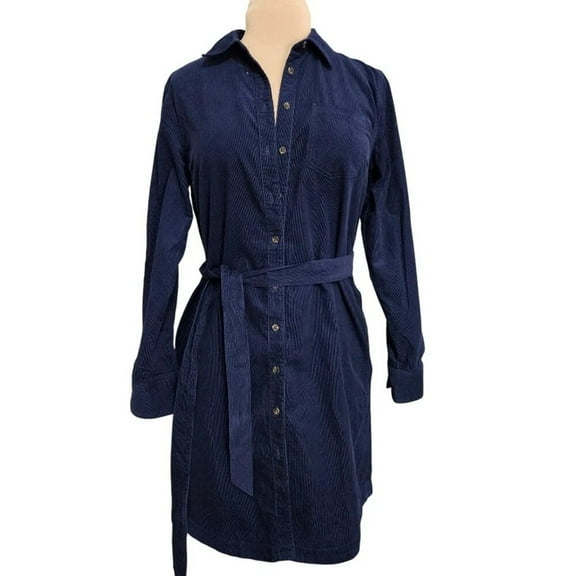 Lands' End Women's Corduroy Button Front Dress Long Sleeve Cotton L