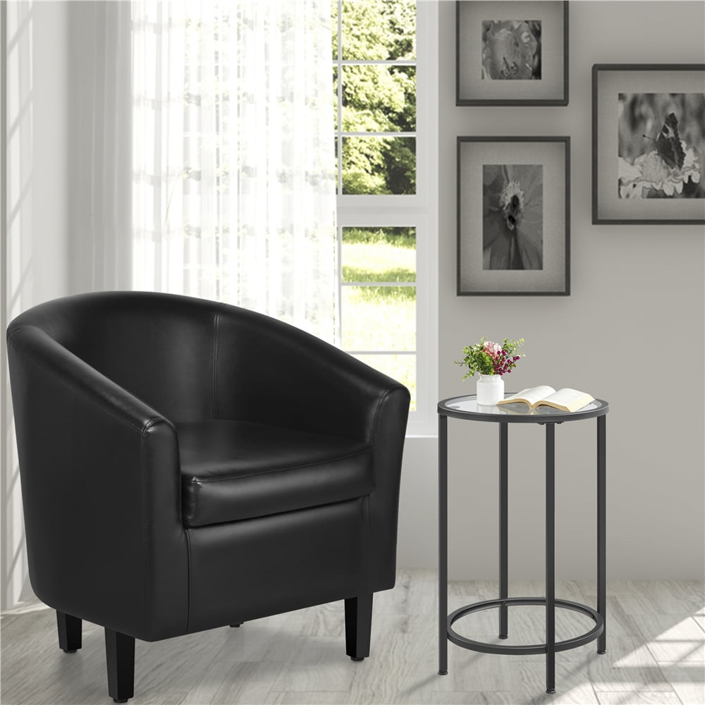 Renwick Upholstered Club Arm Wood Living Room Pair, Faux Leather Barrel Accent Chair, Set of 2, Black  (图2)