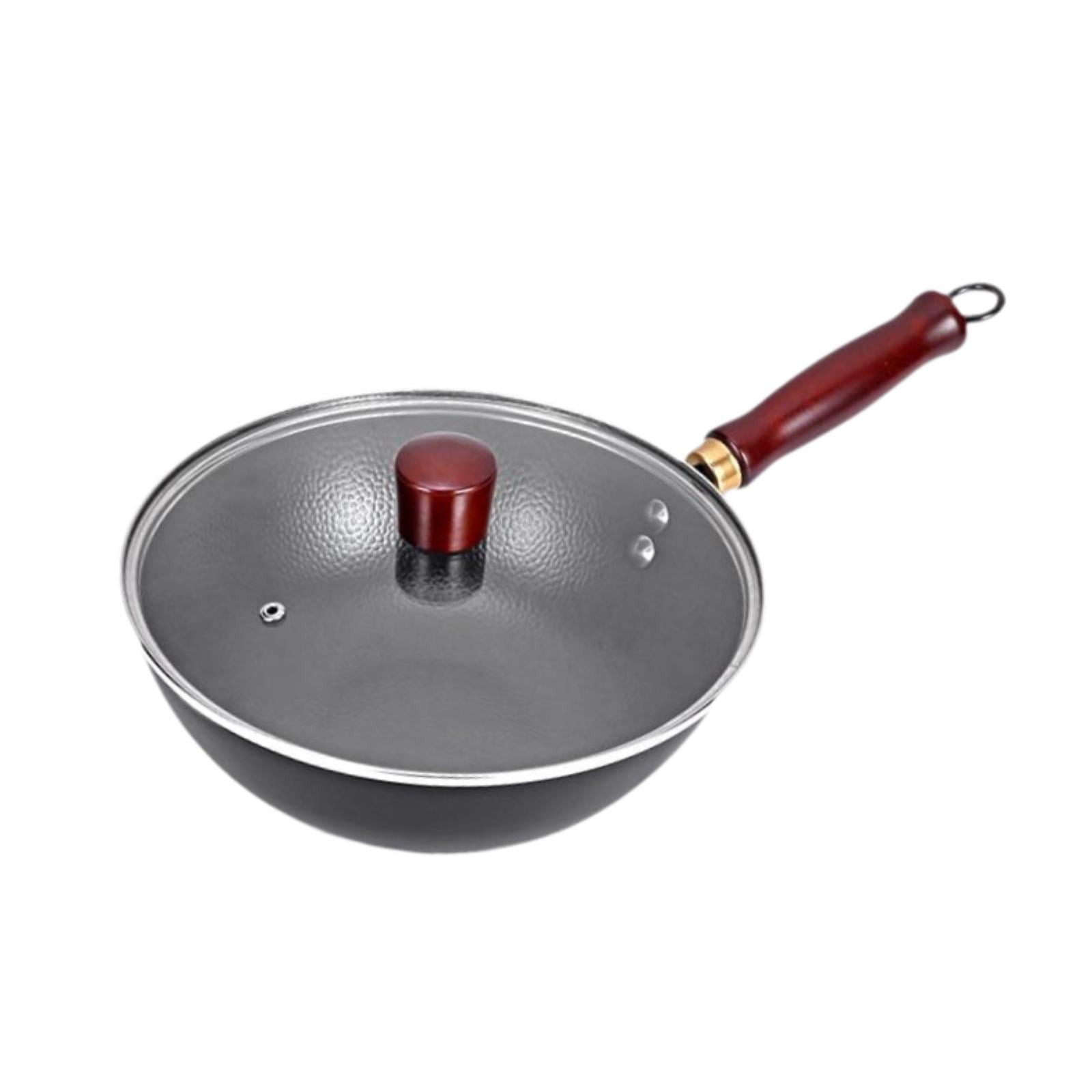 Fiocias Iron Wok Nonstick Pot Easy to Clean Wooden Handle Rustproof Kitchen Round Bottom With Lid