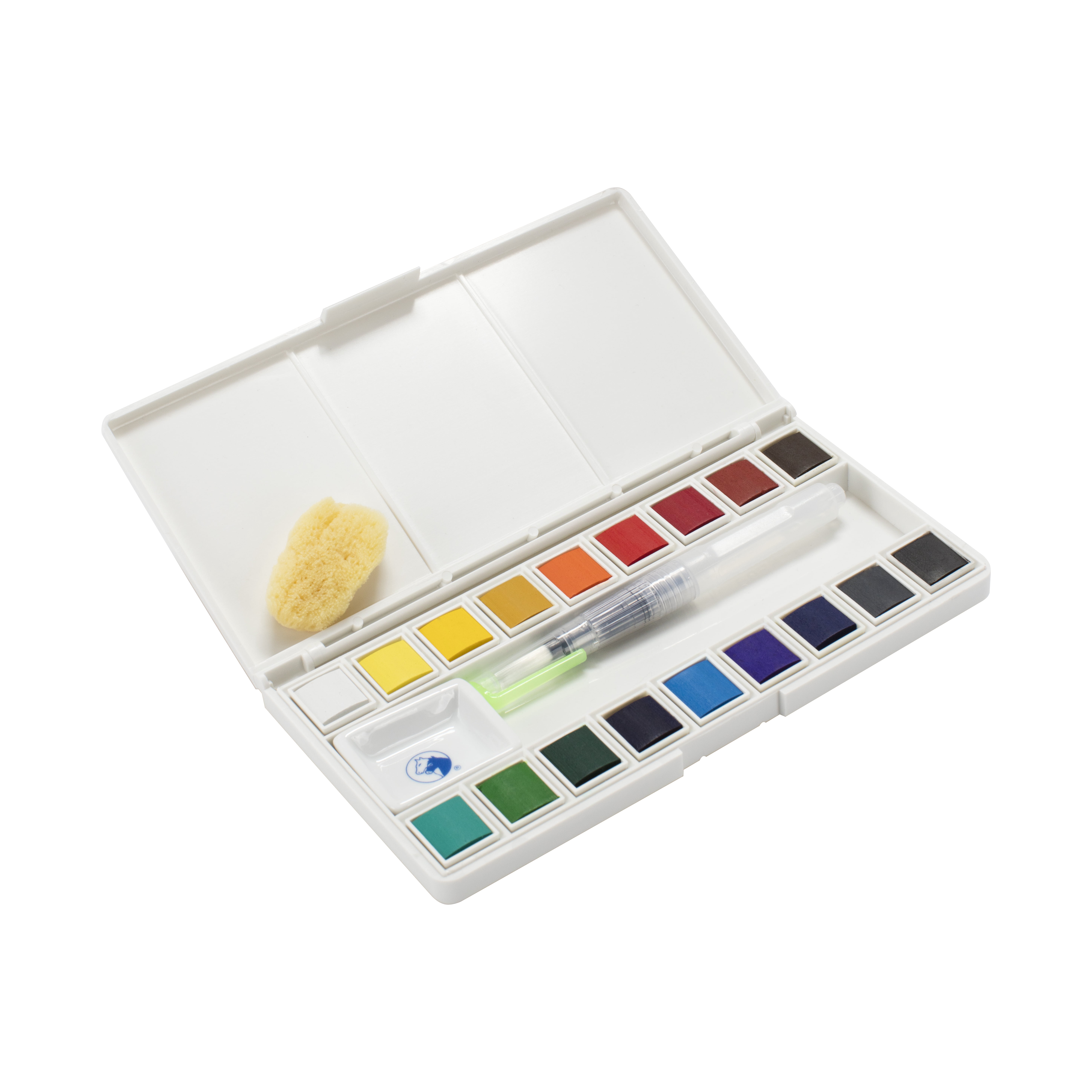 Marie's Artist Sketch & Go Watercolor Paint Set - Travel Friendly for Plein Aire or Studio - Includes a Palette Box with Mixing Area, Water Brush Pen, Natural Sponge - 18 Half Pans; Assorted Colors