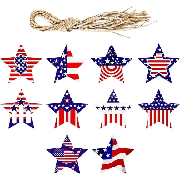 10 Pcs 4th of July Hanging Ornaments Red White Blue Wooden Star Ornament Patriotic Tree Decorations with Ropes USA Flag Hanging Decoration for Holiday Party Supplies