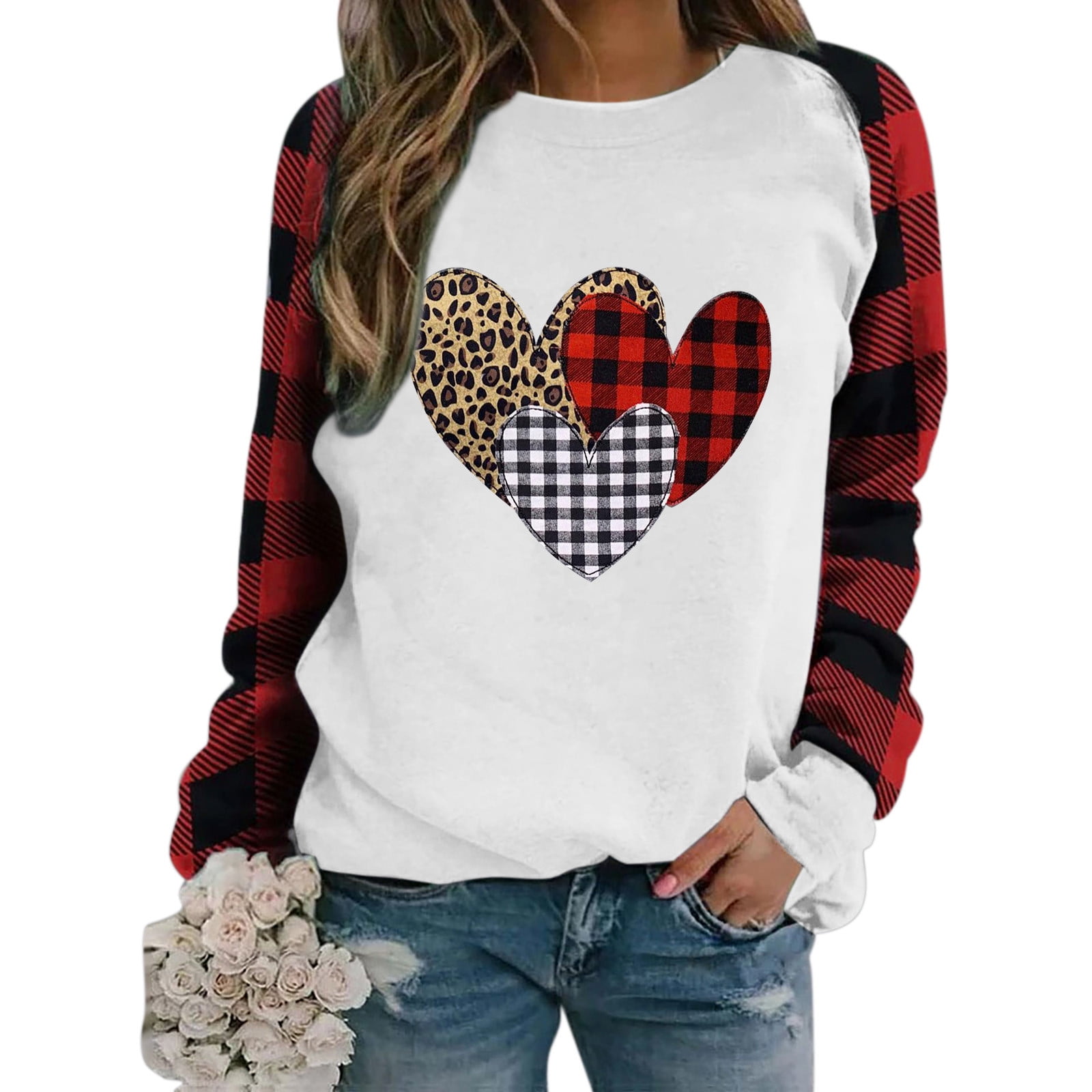 Women Valentines Day Pullover Valentine's Day Plaid Long-Sleeved Sweatshirt Casual Tops Blouse Outwear Sweater