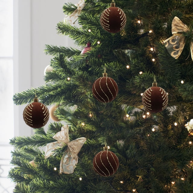 Bolas Navideñas Colgantes de 6 Cm con Acabado Flocado, Bolas de Plástico con Purpurina para Decorar El Árbol de Navidad (Juego de Cuatro) | Material Flocado Marrón | Tamaño: 6 Cm | Peso: 51 G | Decor