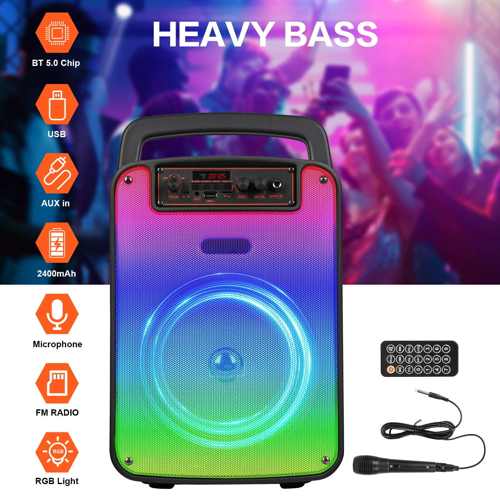 VILINICE Bluetooth Rechargeable Speaker, Portable Speaker with Microphone, Speaker for Home Outdoor Party Camping, Support RGB/TWS/FM