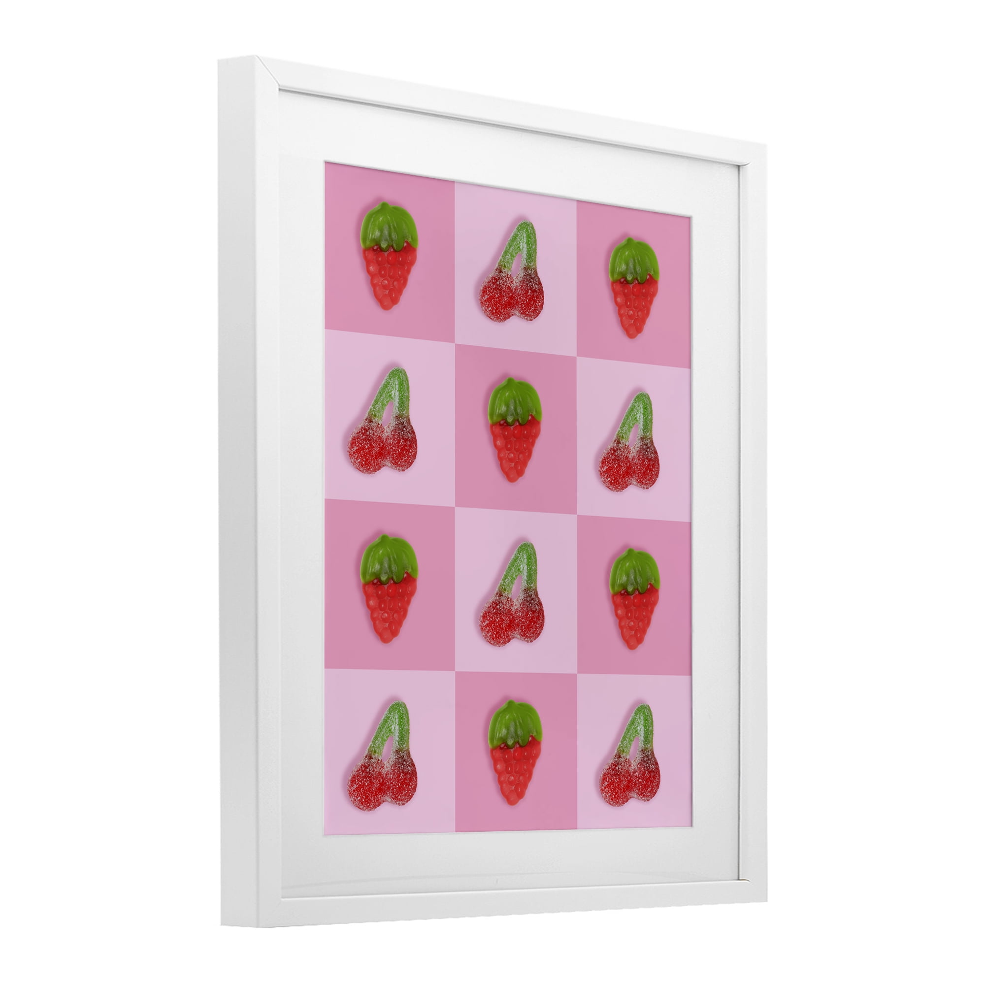 Stupell Industries Gummy Strawberry and Cherry Checkerboard White Framed Print Under Glass, design by LISH Creative