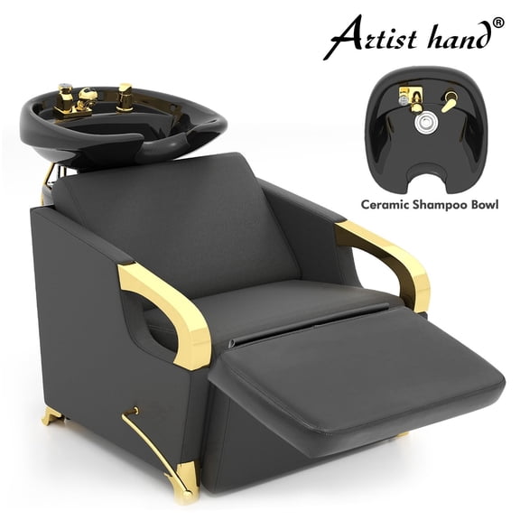 Artist hand Shampoo Bowl Station Backwash Chair Shampoo Recliner with Ceramic Bowl,Sink Hair Spa Washing Beauty Salon Equipment(Black Gold)