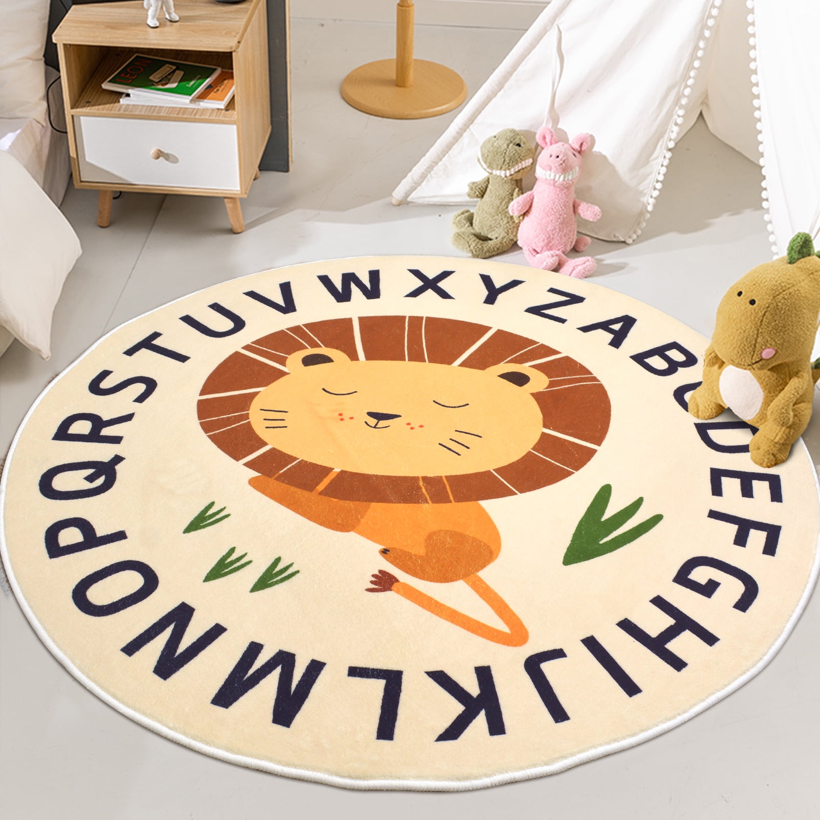 LANPEI Kids Play Mat Rug Carpet 4Ft Round Lion Area Rug Cartoon ABC Kids Rug Crawling Cushion for Boys Girls Plush Nursery Rug for Children Washable Floor Carpet for Kids Room, Sleeping
