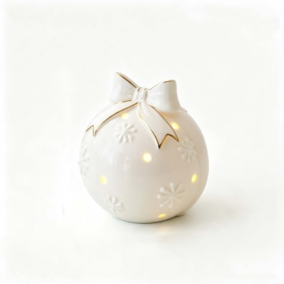 Ceramic Christmas Ball Ornament, LED Light White Bow Snowflake, Christmas Decorations Indoor Decor for Mantel Shelf Table