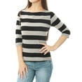 thumbnail image 2 of Allegra K Women's Casual Round Neck Elbow Sleeves Slim Fit Stripes T-Shirt, 2 of 6