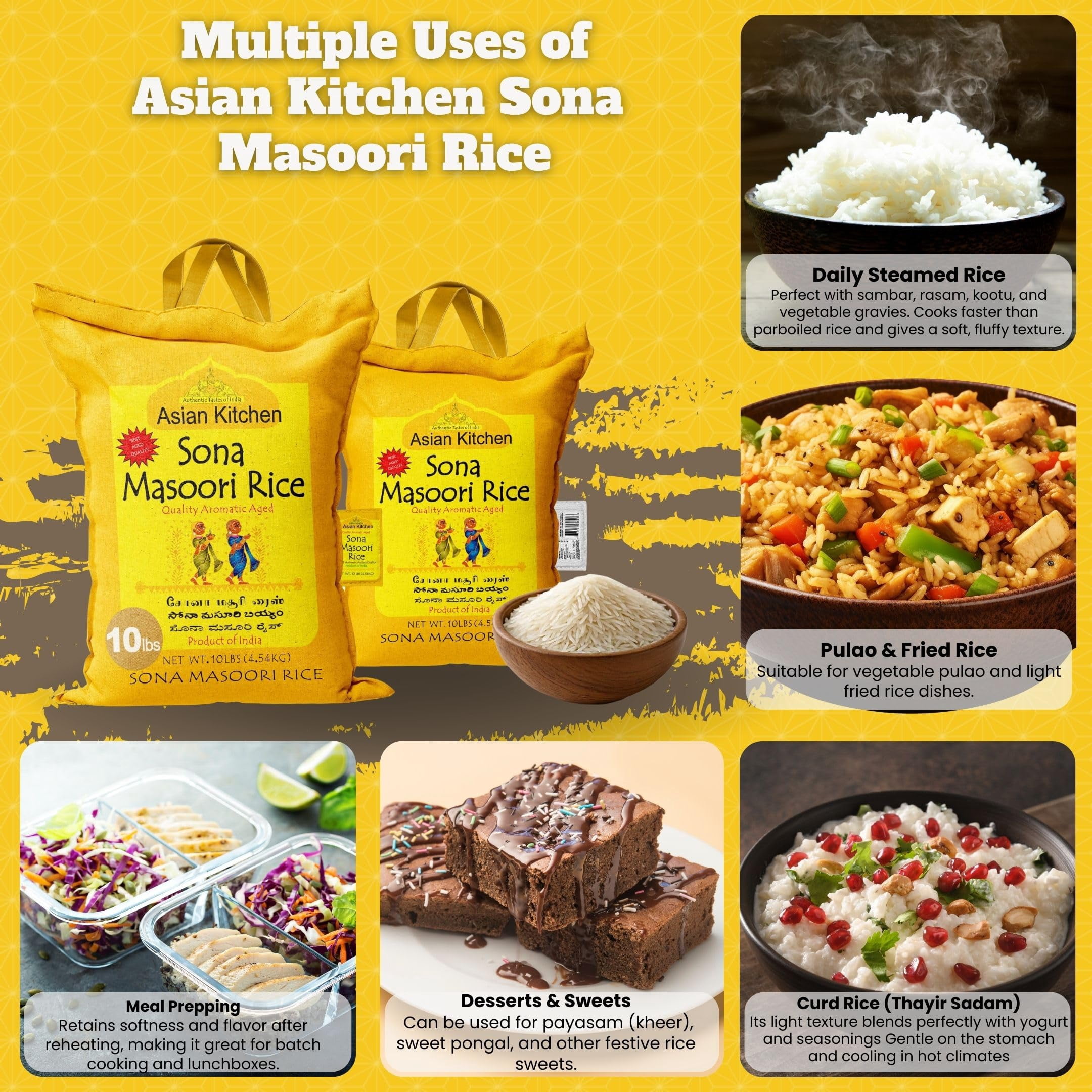 Asian Kitchen White Sona Masoori Aged Rice 10-Pound Bag, 10lbs (4.54kg) Short Grain Rice ~ All Natural | Gluten Friendly | Vegan | Indian Origin | Export Quality