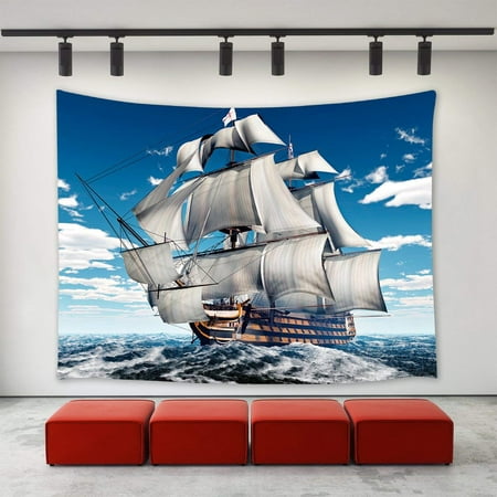 CADecor Ocean Battle Ship Tapestry, Blue Sky Sailboat Boat Warship Battleship Cruising Sea Wave Wall Tapestry Home Decoration Wall Decor 51x60