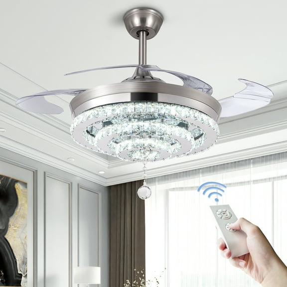 42 Inch Silver Crystal Fan Chandelier - Retractable Invisible Blades, 5000 CFM Quiet Motor, 3-Color LED & Remote Control, Adjustable Downrod for Modern Living Room