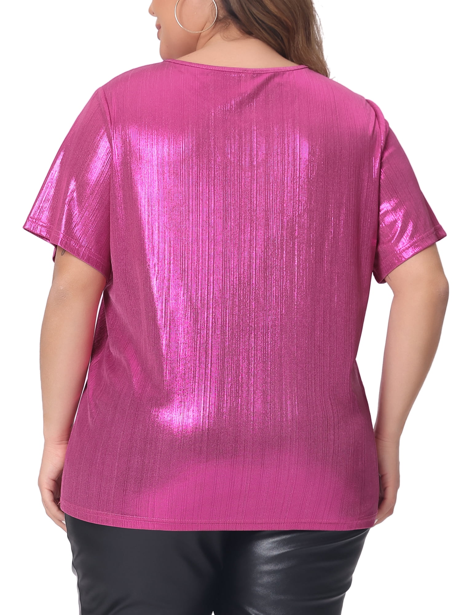 DARING DIVA Women's Plus Keyhole Metallic Round Neck Blouse 4X Hot Pink