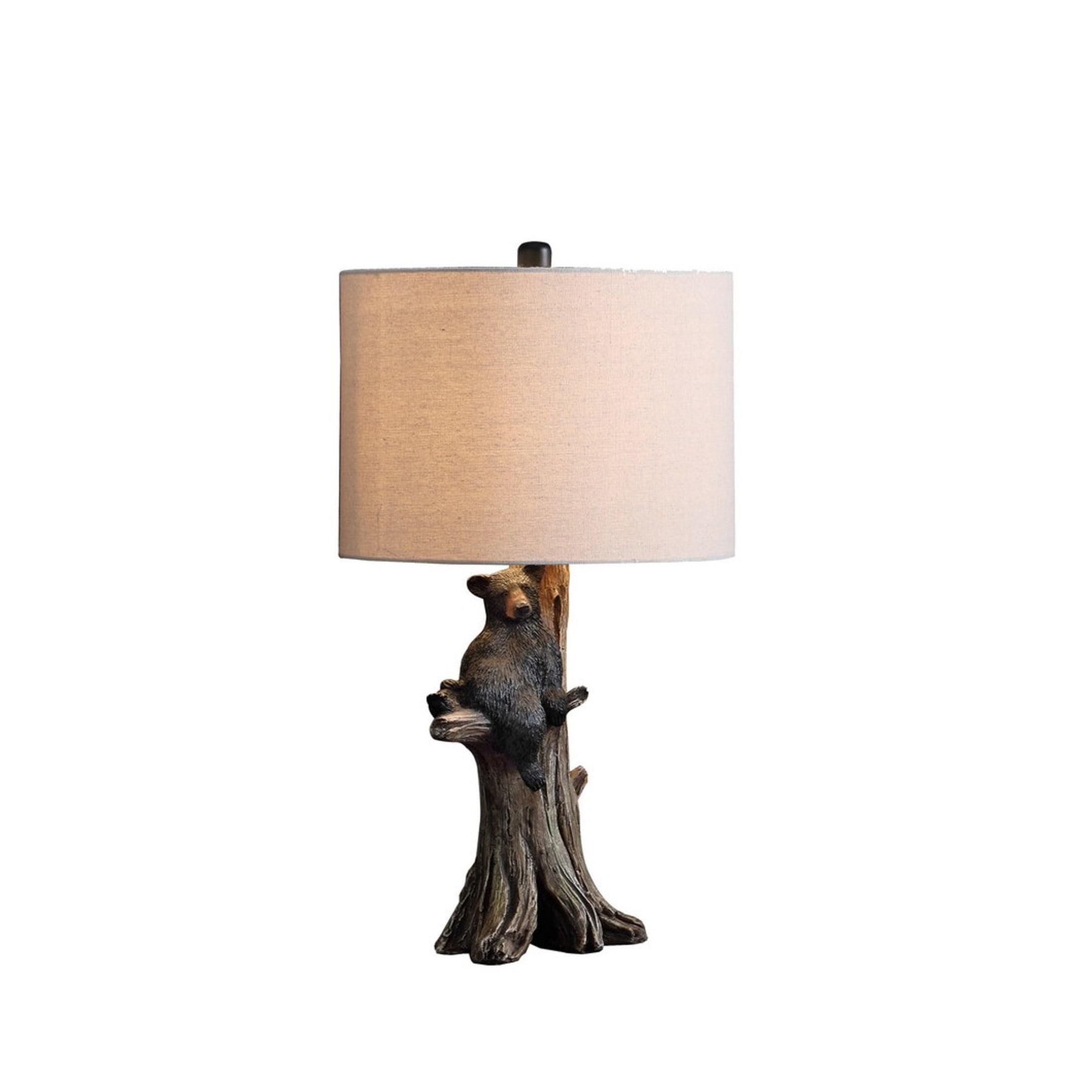 Noble House 24.75" Black Bear on Tree Table Lamp, Polyresin Figurine, Beige Drum Shade, E26 Light Bulb, Multicolor