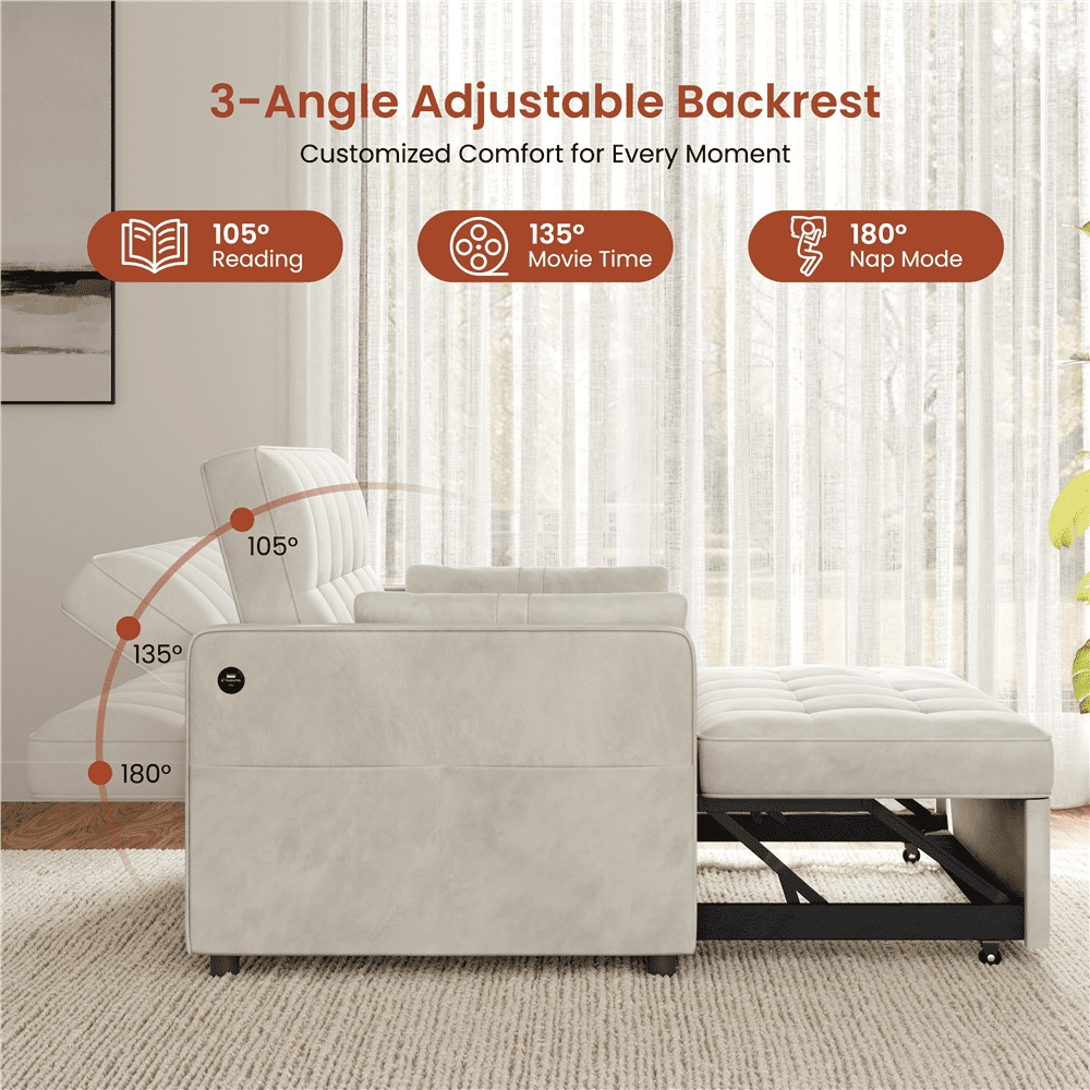 Renwick Convertible Sleeper Sofa Bed 3-in-1  Pull Out Couch Velvet Loveseat Couch with Adjustable Backrest, USB Ports, Side Pockets and Pillows for Living Room Bedroom, Beige