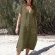 thumbnail image 2 of Vestido camisero con cordón y escote en V de un solo pecho de Color liso para mujer, vestido de lino y algodón con bolsillos Pompotops ghjkhdj13194, 2 of 8