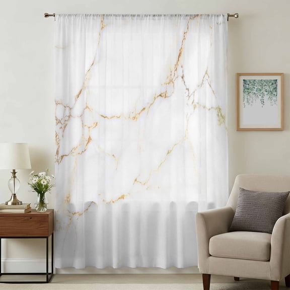 White Golden Marble Sheer Curtains 84 Inches Long, Modern Abstract Art Elegant Light Filering Curtains, Breathable Simi Curtain Privacy Drapes for Living Room Bedroom Lightweight Window Treatment
